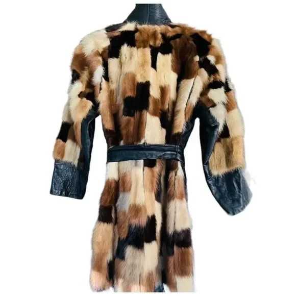 FUR COAT Genuine Y2K Vintage Rabbit Fur Leather Patchwork Long Belted Winter Coa